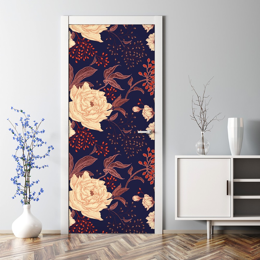 Red and White Rose with Rowan Bubble-Free Self-Adhesive Door Sticker for Home Decor