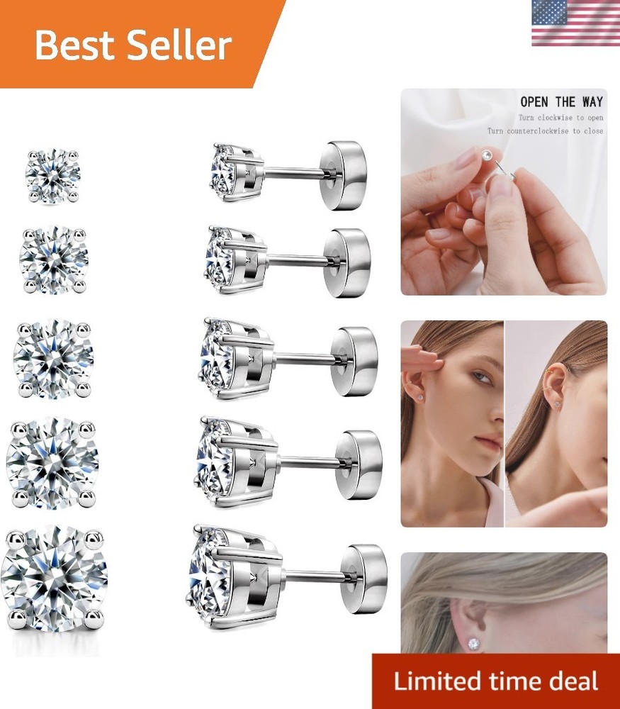 14K Gold Plated Hypoallergenic CZ Stud Earrings Set - 5 Pairs for Sensitive Ears