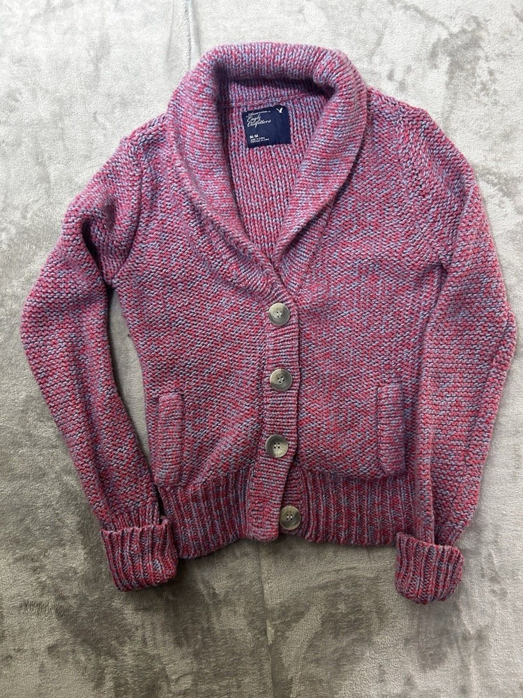 American Eagle Collar Wool Rabbit Hair Blend Cardigan Sweater Pockets M Y2k