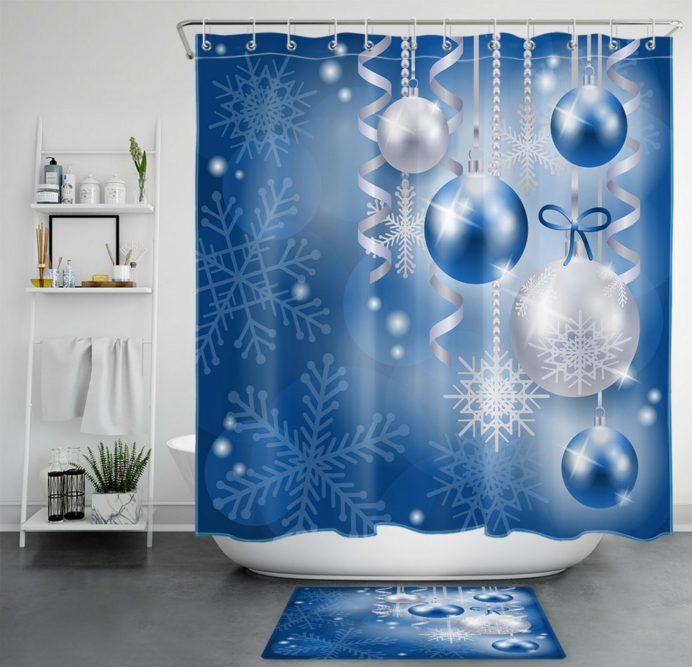 Blue Silver Christmas Balls Snowflake Shower Curtain Bathroom Accessories Set