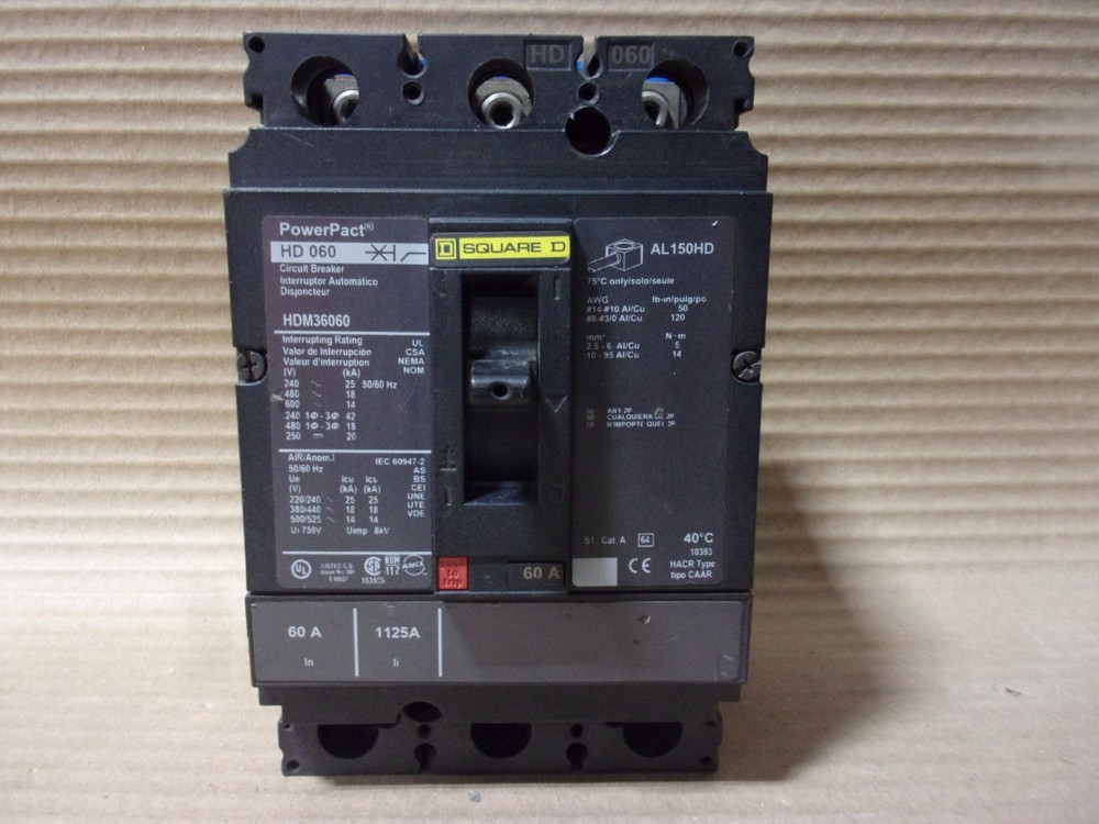 Square D HDM HDM36060 3 Pole 60 Amp 600v Circuit Breaker PowerPact HDL36060