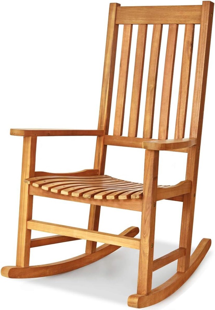 Acacia Wood High Back Porch Rocking Chair - Comfortable Outdoor Rocker-image