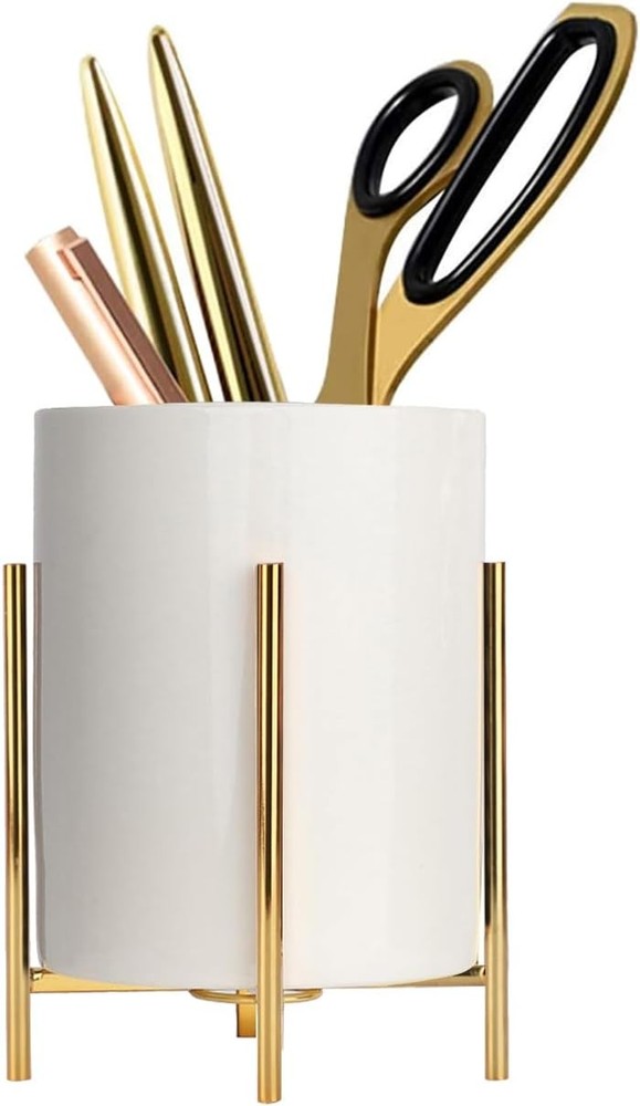 Gold pencil cup Sturdy metal frame W/ white ceramic pen holder For desks