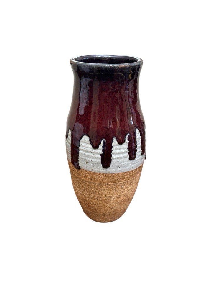 Pottery Vase 9” Earth Tone & red Sand Texture Drip Glazed Design Handmade Art