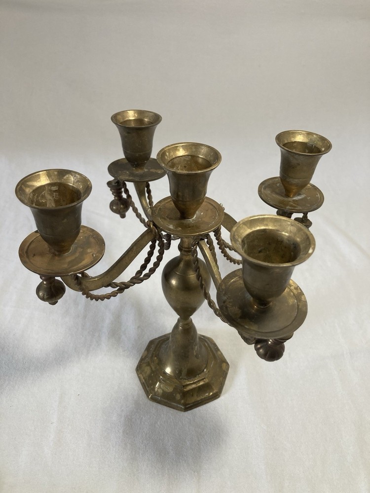 Vintage Brass 5 Candle Candelabra With Swivel Arms Rope And Tassel