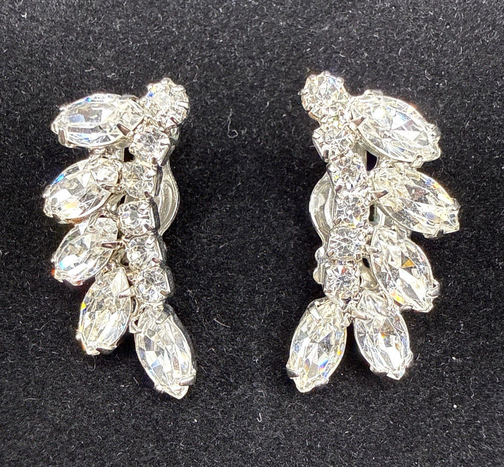 Vtg WEISS Rhinestone Clip-On Earrings Clear Navette Crystal Silver Tone Mid Ctry