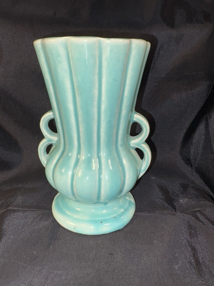 Vintage McCoy Turquoise Double Handled Vase 6 Inches Tall