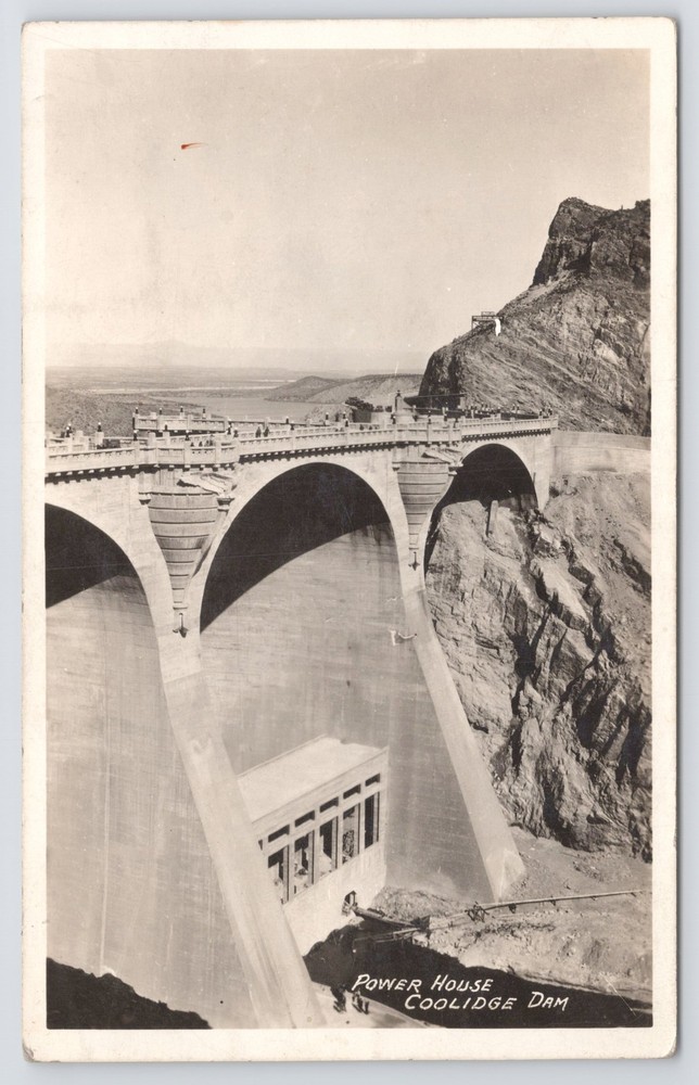 Arizona~Power House Under Center Arch~Coolidge Dam~Real Photo Postcard~RPPC