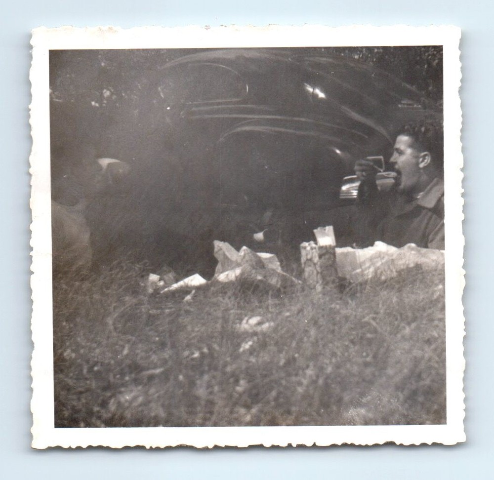 Old Vintage Square Photo MEN PICNIC CLASSIC CAR GHOST DOUBLE EXPOSURE UNUSUAL