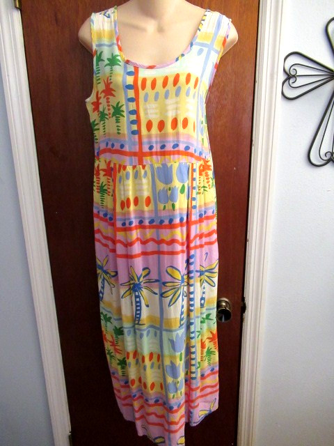 VTG Jams World Sleeveless Dress Bright Palm Abstract Print Sz M POCKETS-image