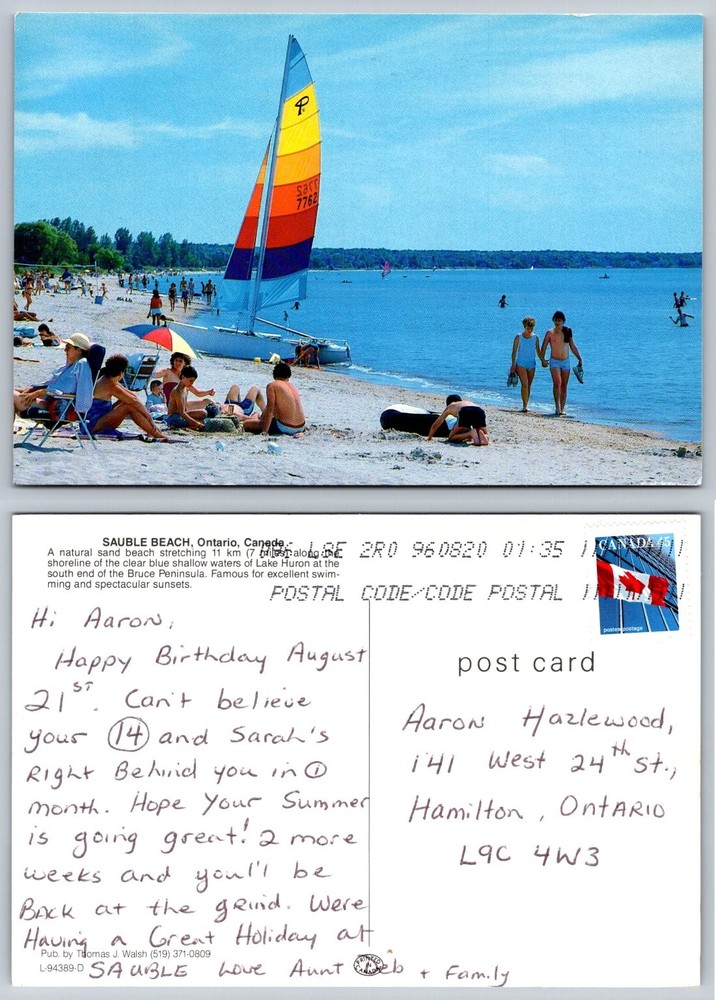 Vtg 1996 Sauble Beach Ontario Canada Postcard Lake Huron Catamaran