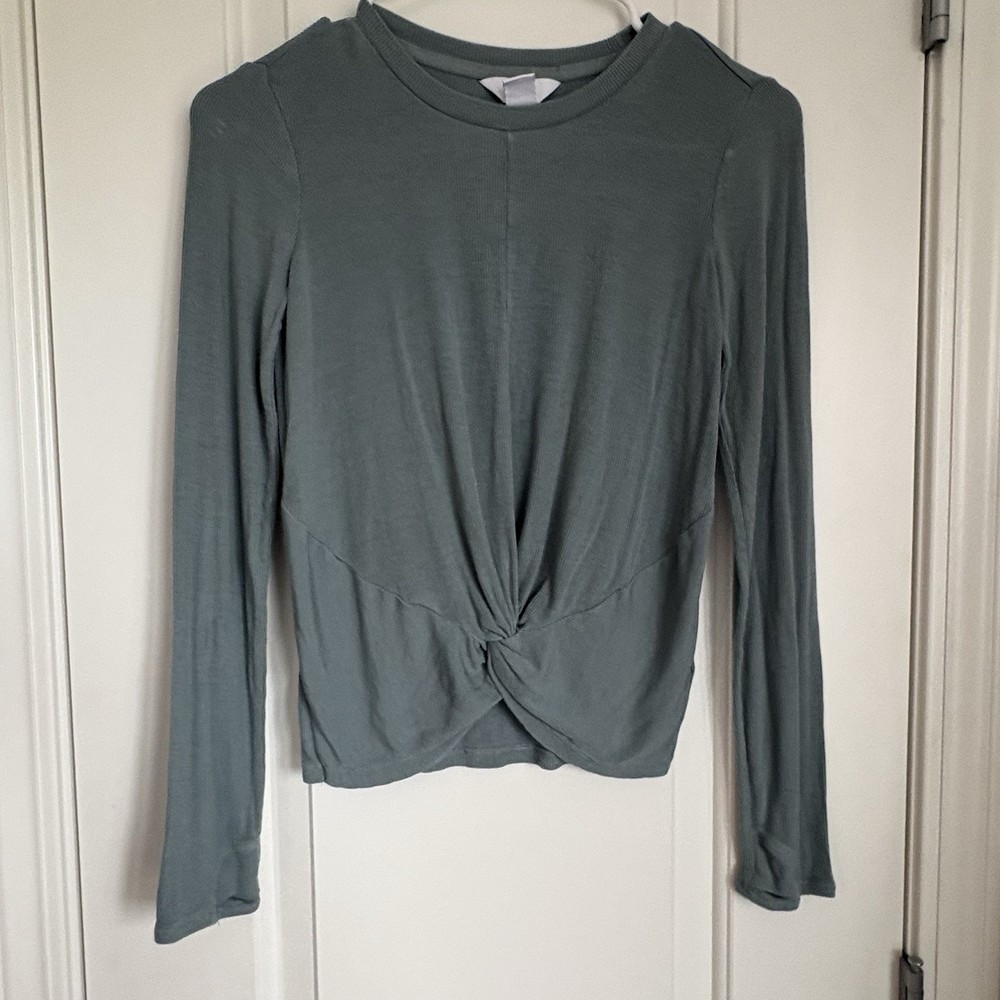 Athleta Girl Give It A Twist Long Sleeve Ribbed Shirt Turquoise- Size 12/L