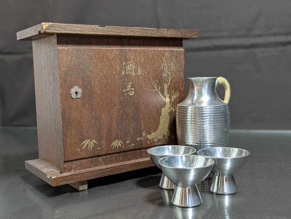 Vintage Japanese Pewter Sake Set Tokkuri Guinomi w/ Wooden Box Japan