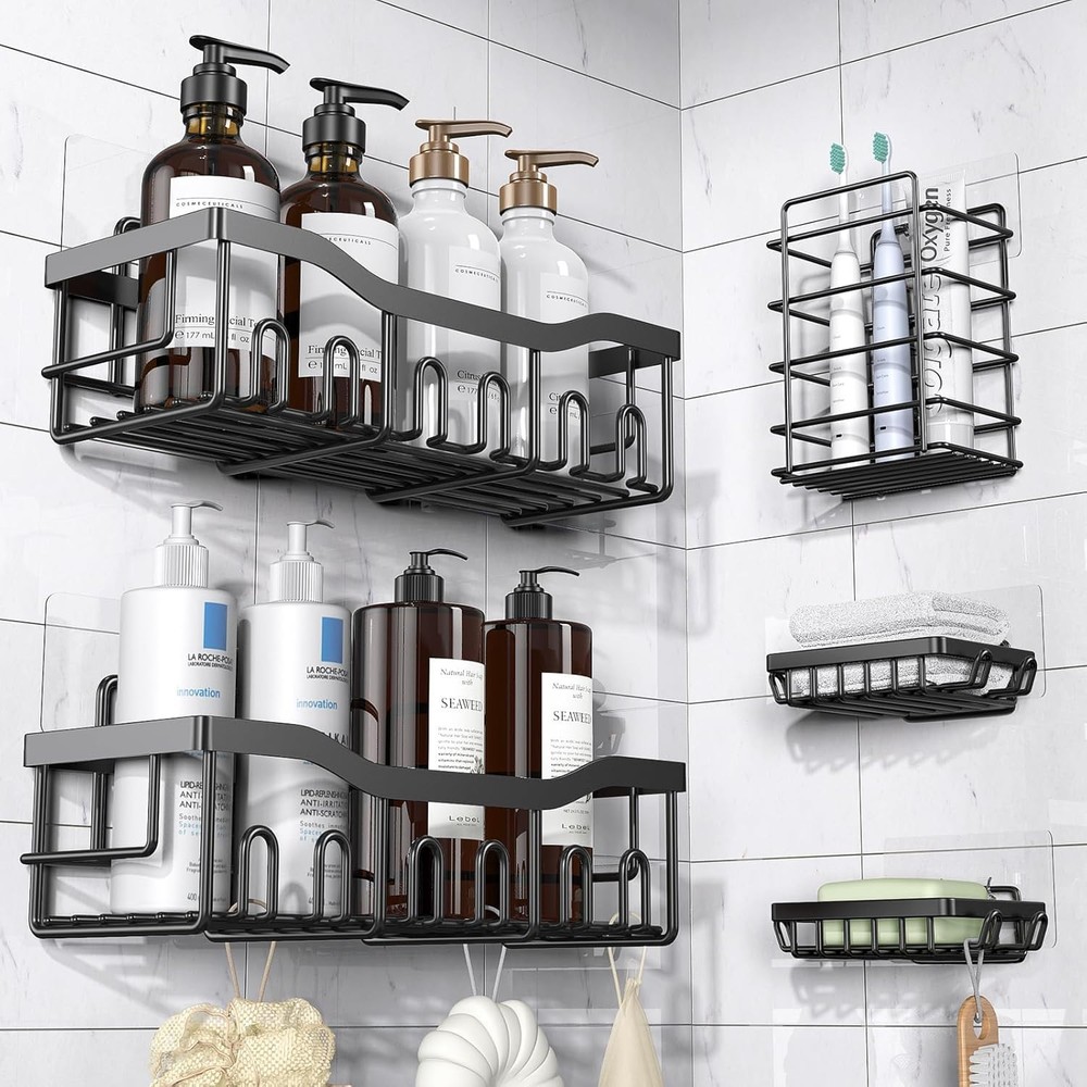 5-Pack Rustproof Stainless Steel Black Adhesive Shower Caddy Large Size