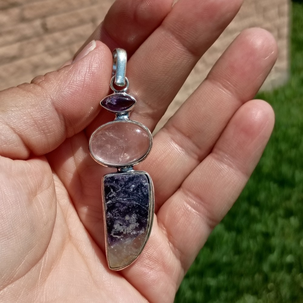 Vintage 925 Sterling Silver Pendant  Natural Stones Boho Purple