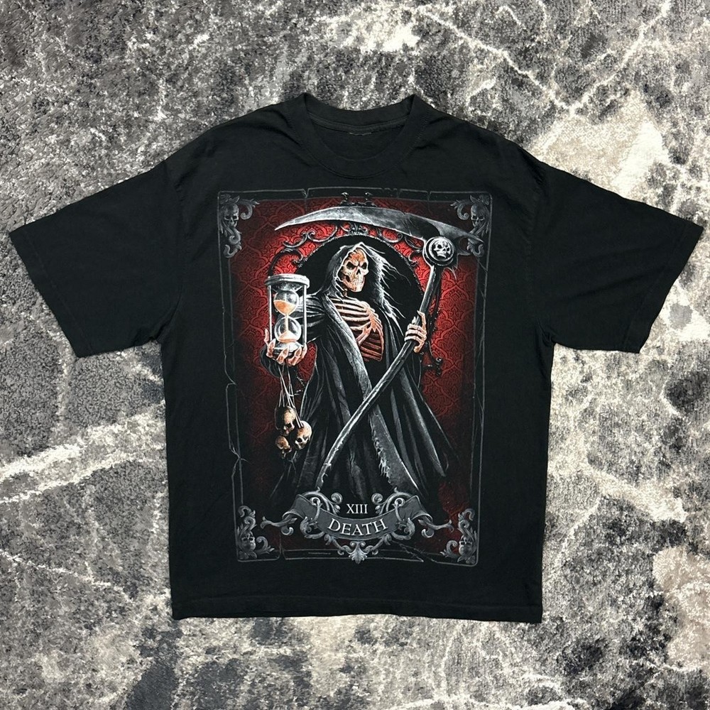 Y2K Shirt Mens XL Skull Skeleton Grim Reaper 2000s Spiral Grunge Emo Goth Black