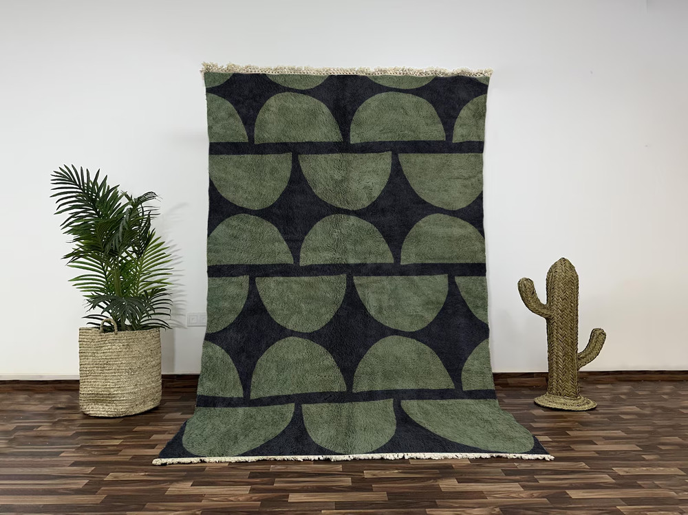 Moroccan Berber Wool Rug, Black and Green Geometric Design, Handwoven Carpet Rug