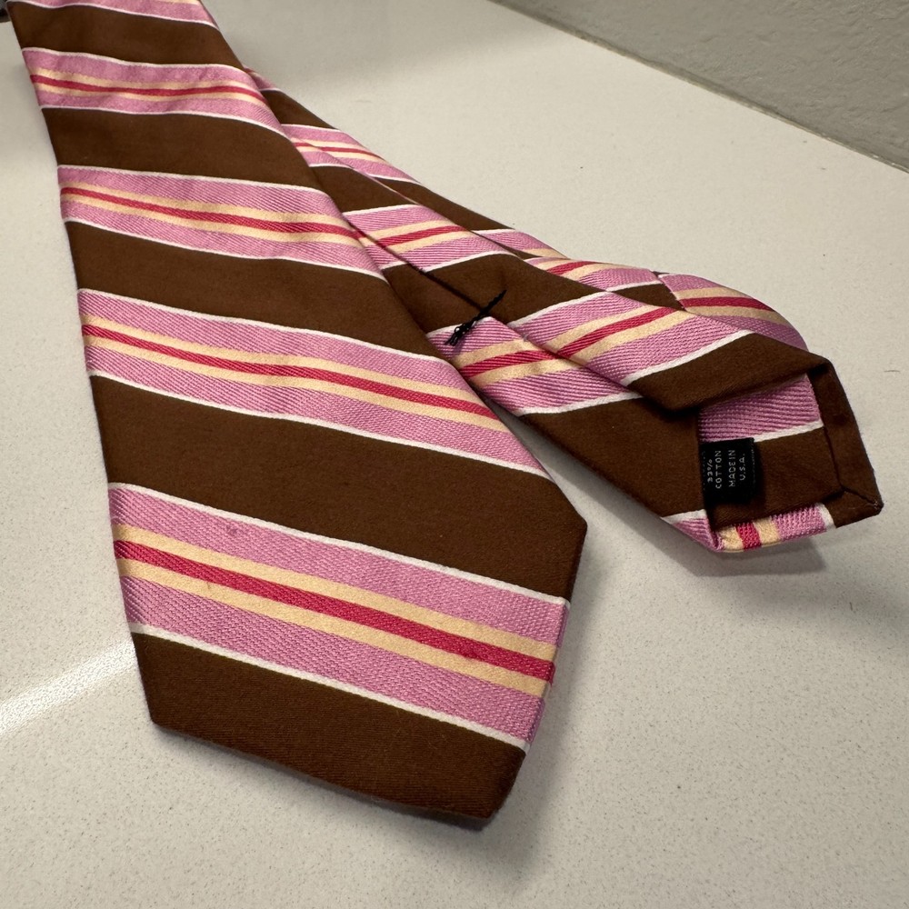Vintage Ike Behar New York Tie Brown Pink Stripe Silk USA Made Necktie Old Money