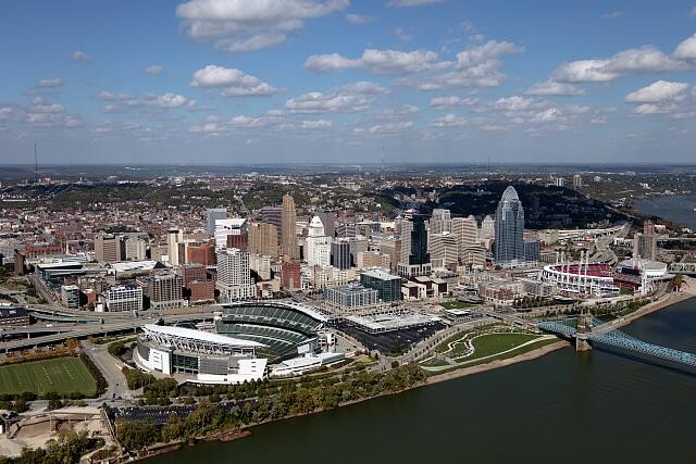 Photo:Cincinnati Ohio 2016 Aerial View Downtown Skyline Stadium Riverfront