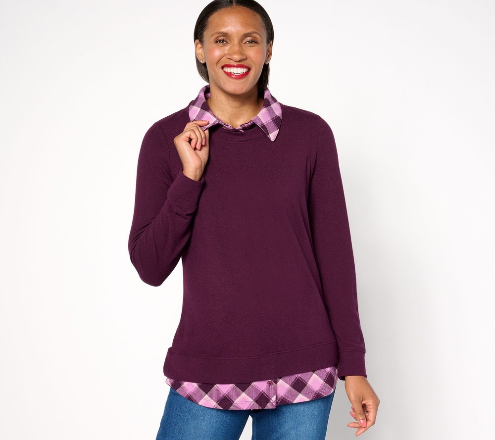 Denim & Co. Women's Top Plus Sz 1X Heavenly Jersey SolidPlaid Long Purple