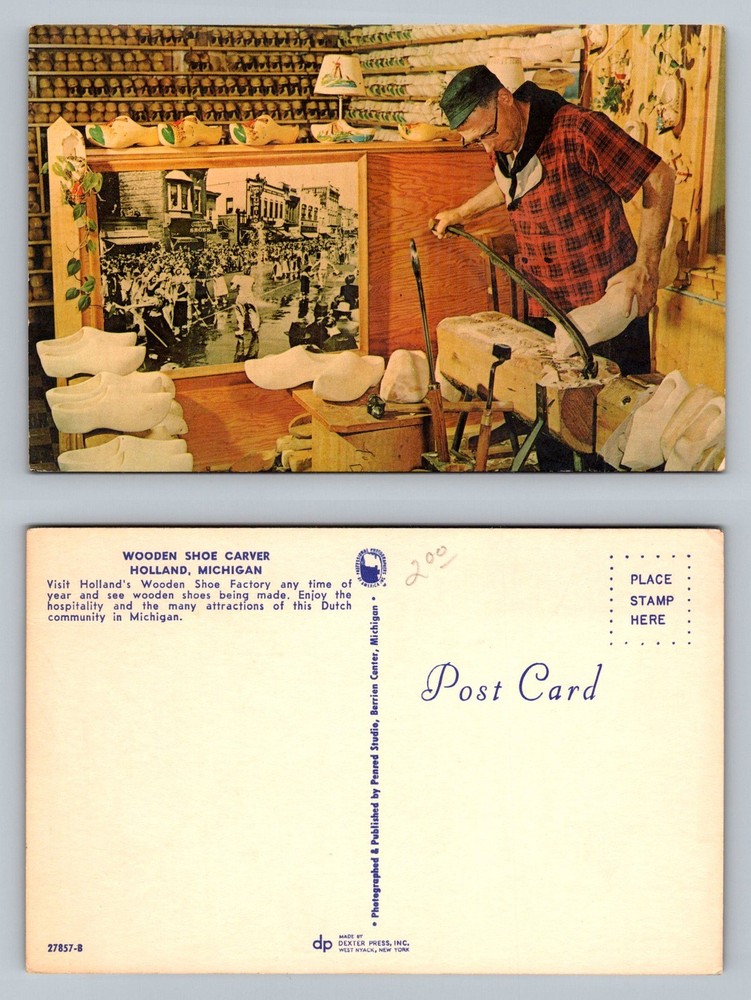 Holland, MI-Michigan Wooden Shoe Carver Factory Dutch Community Vintage Postcard