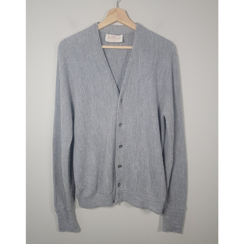 VTG Jantzen Cardigan Sweater L Men Wool Blend Button Front Made In USA Gray