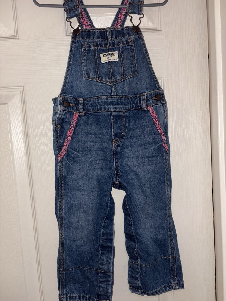 OshKosh B’gosh Toddler Girl Denim Overalls 24M –Adjustable Straps, Floral Trim
