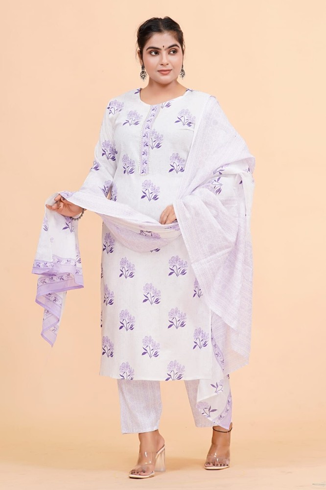 Trendy Womens White Flower Print Cotton Stitched kurti pant with dupatta