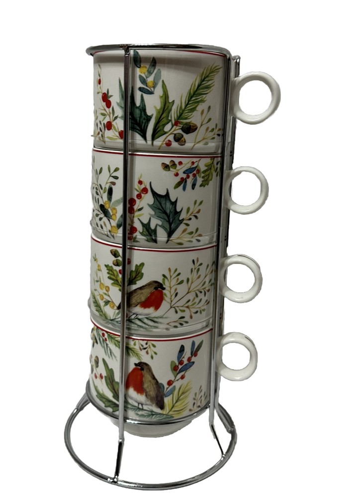 Grace Teaware Stackable Coffee Mug Set of 4 Metal Stand Red Robin Holly Branches