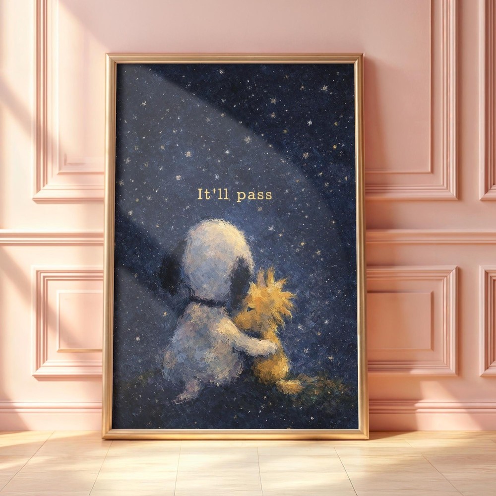 Snoopy & Woodstock Poster - It’ll Pass Quote Starry Night Art Wall Decor Gift