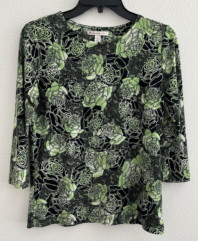 JM Collection Multicolored Spandex Blouse Petite (Green & Black) Size Small