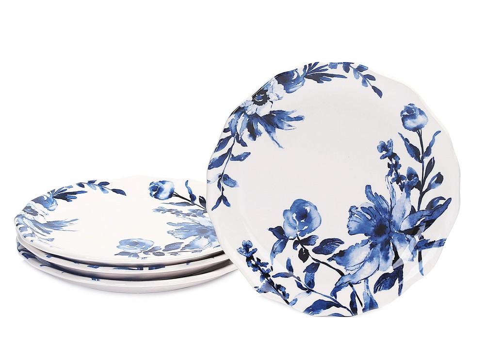 Watercolor Blue Flower Ceramic 8.75 inch Scalloped Salad Plates, Set of 4, fo...