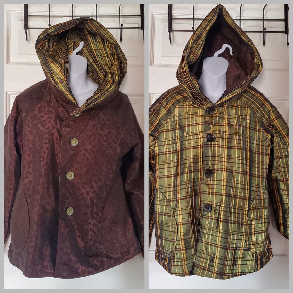 UBU Reversible Taupe Leopard Print Hooded Raincoat Reverses to Plaid Grunge Smal