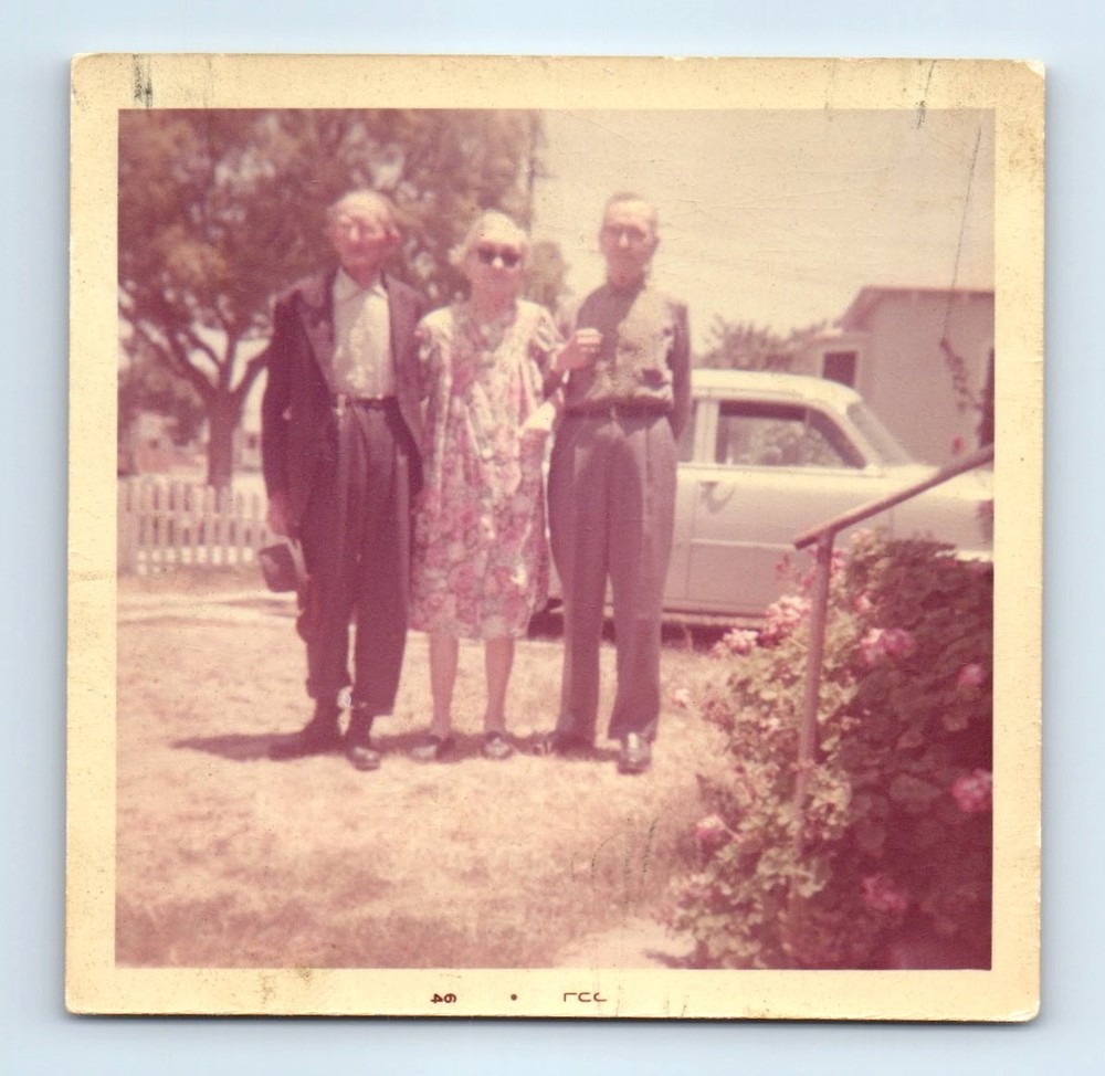 Old Vintage Square Color Photo TRIO OLDER MEN WOMAN CLASSIC CAR IN DRIVEWAY