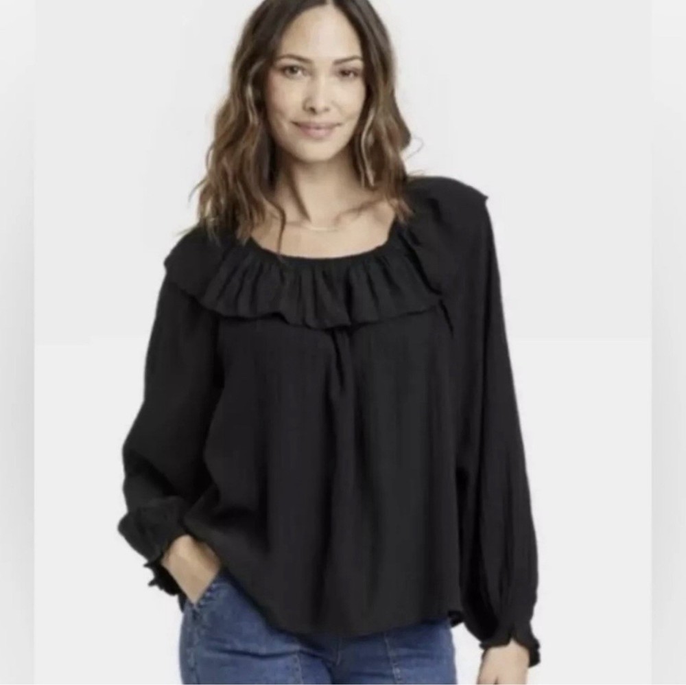 Knox Rose Swiss Dot Ruffle Peasant Blouse Women M Black