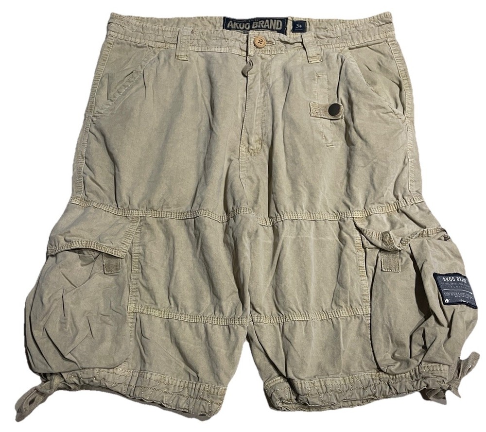 AKOO Brand Utility Cargo Shorts Men’s Size 34 Khaki Y2K Pockets Drawstrings