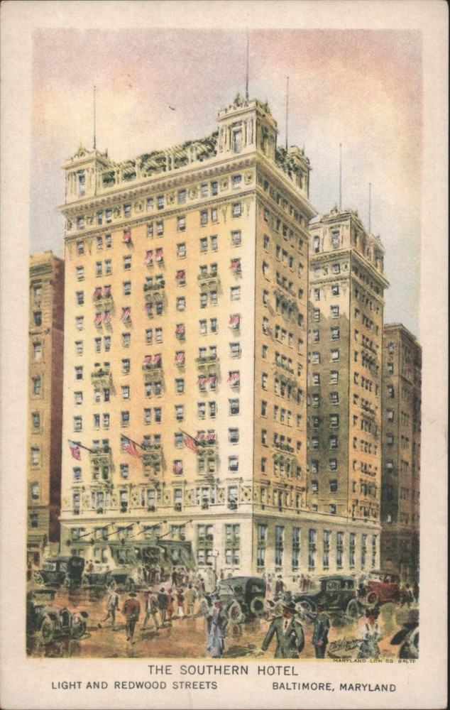 BALTIMORE, Maryland MD The Southern Hotel, Light Redwood Streets Postcard