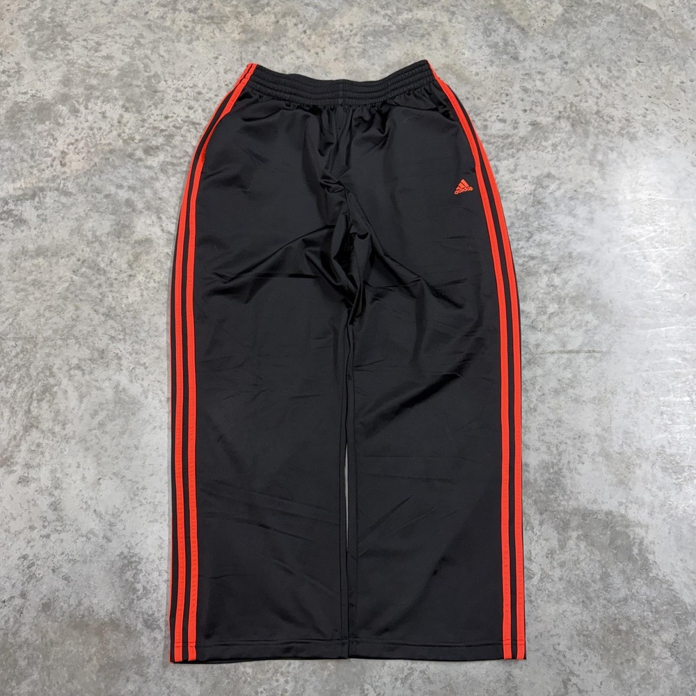 Adidas Track Pants Mens Large Black Red 3 Stripe Knit y2k baggy wide leg skater