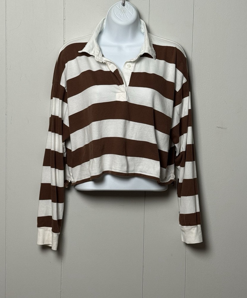 Hollister Women’s Cropped 100% Cotton Brown and White Striped Polo Shirt Size M