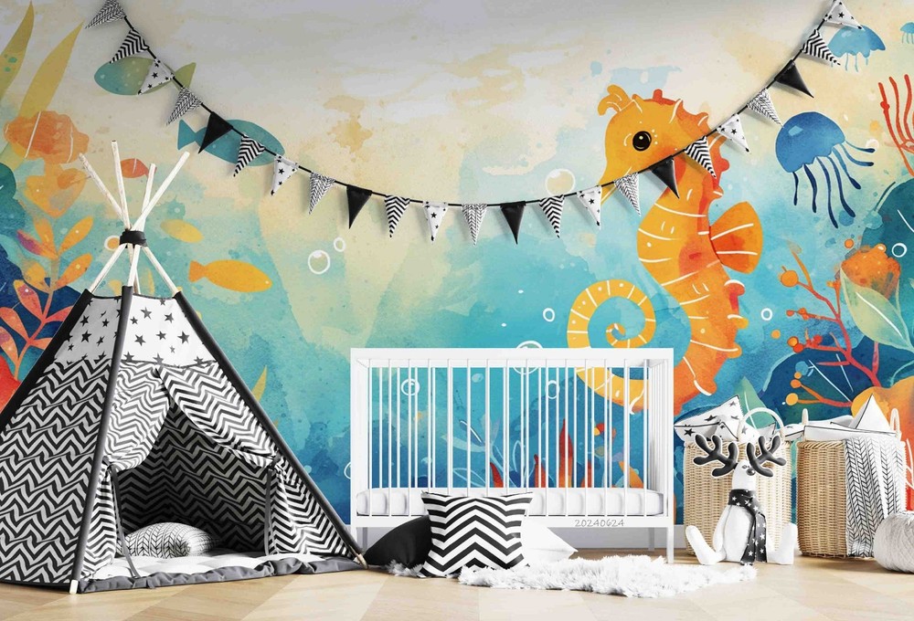 3D Seahorse Coral Watercolor Wall Murals Wallpaper Murals Wall Sticker 13