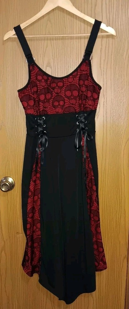 Gothic Sleeveless Midi Dress Womens Size Medium Black And Red Lace Skull Design