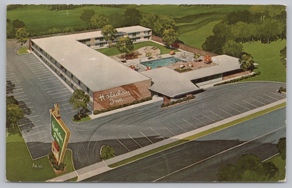 Roadside~Youngstown Ohio~Air View of Holiday Inn~Vintage Postcard