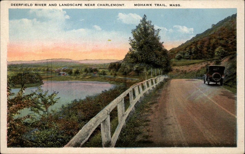 Charlemont Massachusetts Mohawk Trail Deerfield River antique car postcard