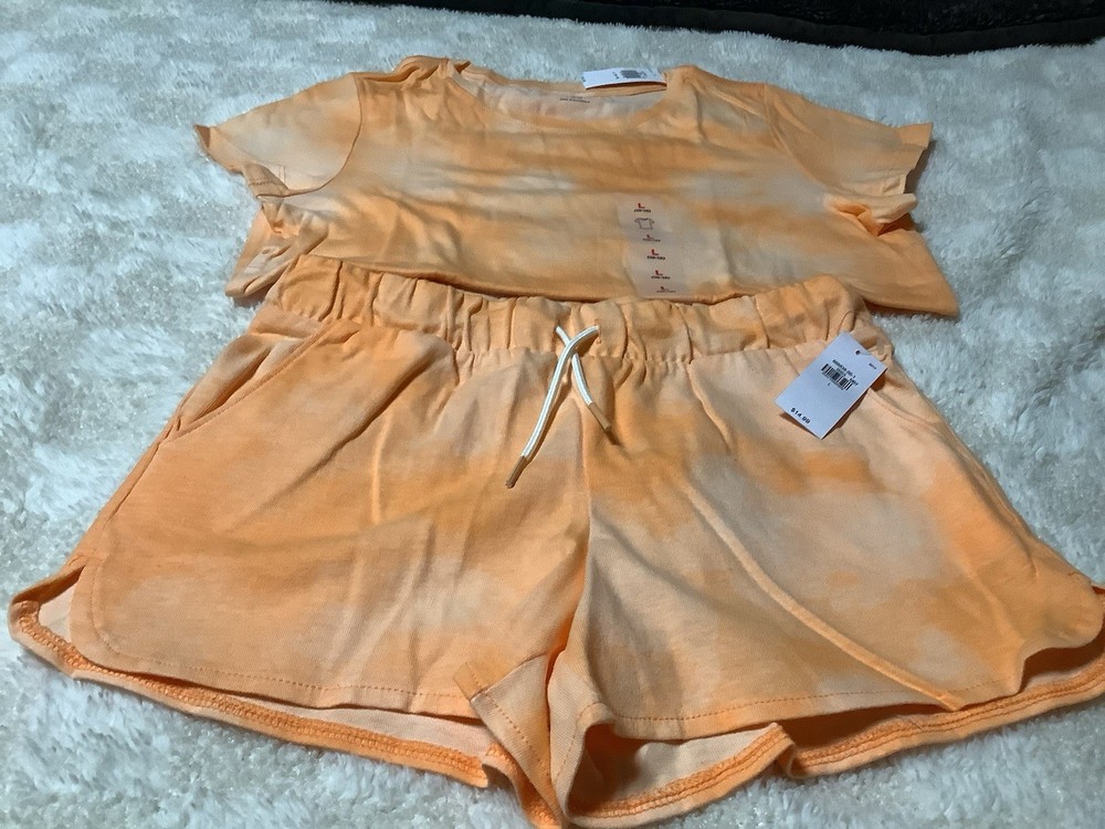 Old Navy Women's Orange Tie Dye T-Shirt & Shorts Set L, Drawstring, Pockets