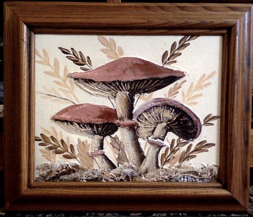 Vintage Mushroom Painting Dimensional  Art Signed Solid Wood Framed