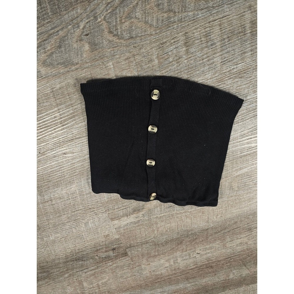 Ambiance Black Ribbed Tube Top Faux Button Front Cropped Strapless Medium