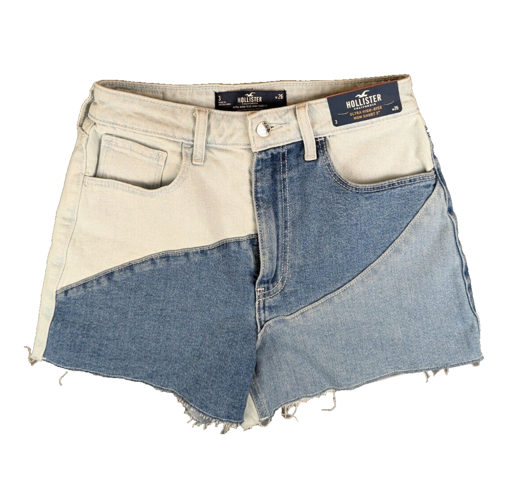 Hollister Jean Mom Shorts 26x3 Women's Ultra High-Rise Blue Patchwork NEW Denim