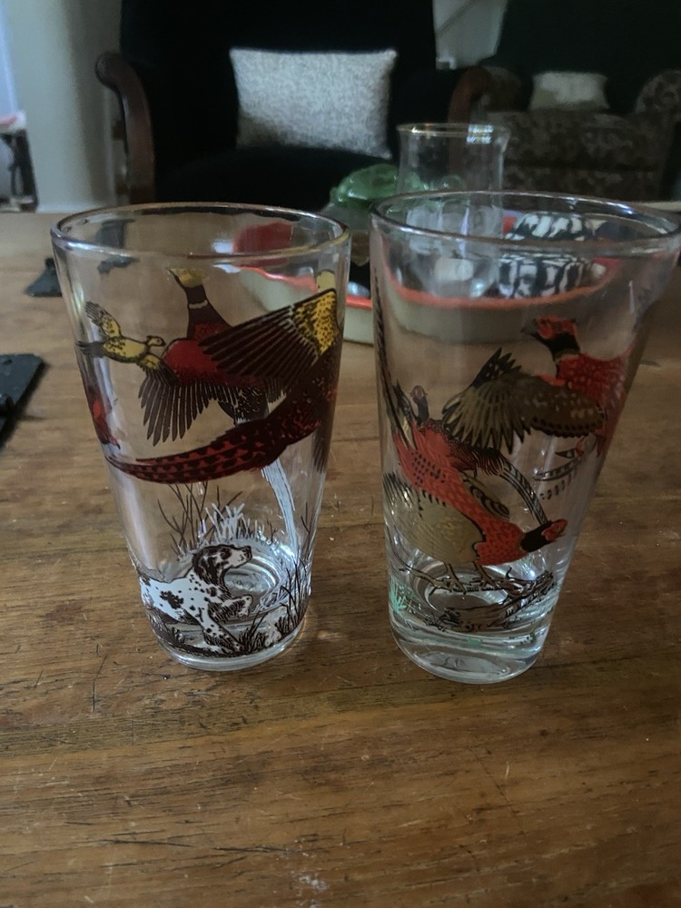 VINTAGE PHEASANT GLASSES WITH HUNTING SCENE HAZEL ATLAS  GLASS COMPANY 1950s