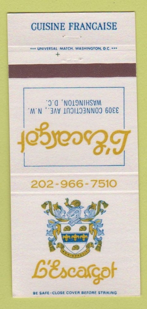Matchbook Cover - L'Escargot Washington DC Restaurant 30 Strike
