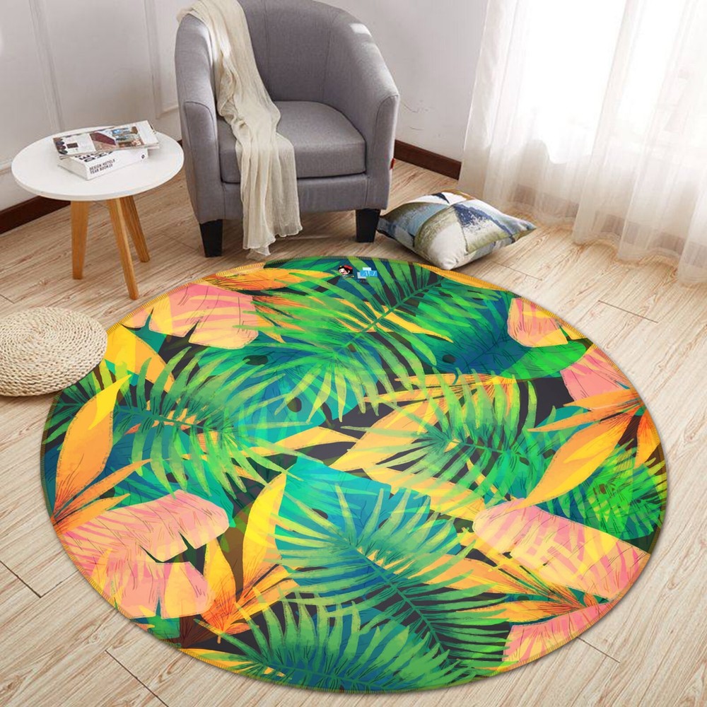 3D Round Colored Leaves Game Rug Mat Elegant Photo Carpet Mat 2023